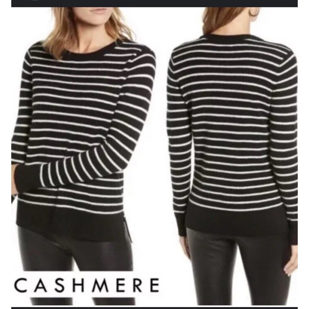 Halogen Josephine Cashmere Sweater Black White Striped Crew Neck Petite‎ XXS